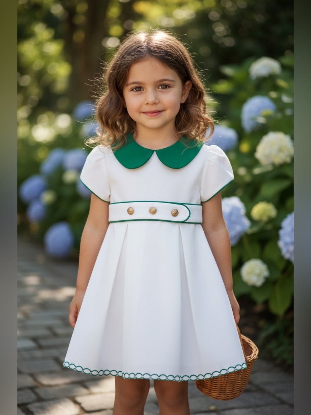 💚 VINTAGE DESIGNERS COLLECTION White Dress with Green Peter Pan Collar and Trim